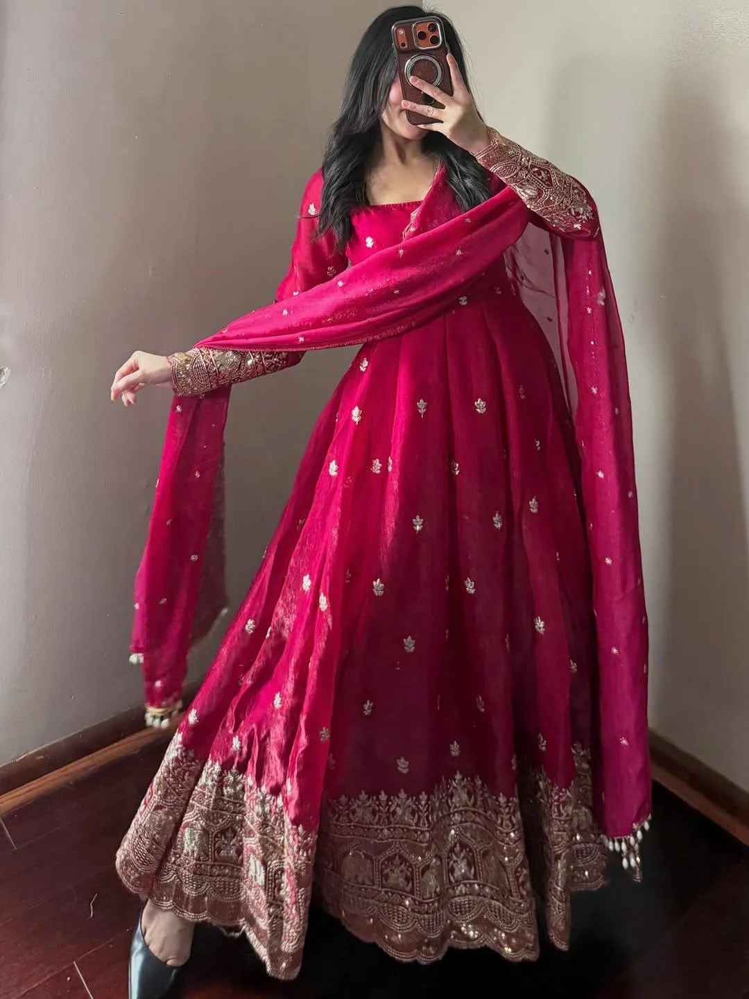 Designer Fendi Satin Gown Set with Sequins Work – 3 Piece Collection - Fendi Satin Saree Online India - Buy at ₹1999 - Image 1