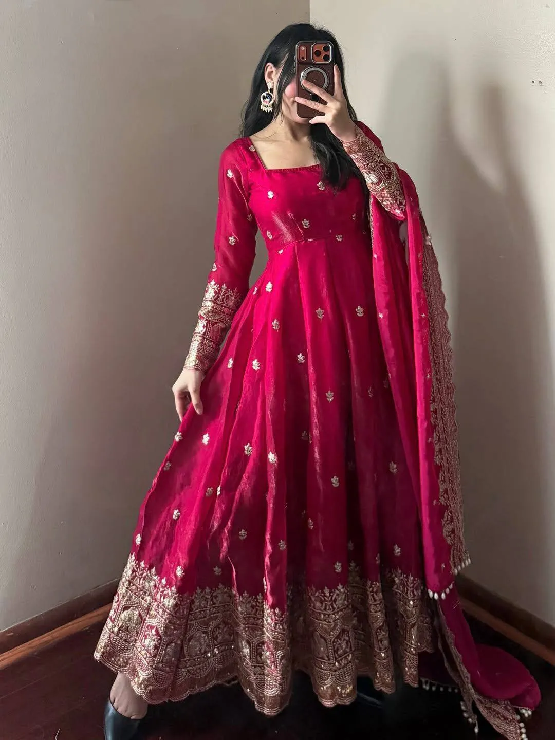 Designer Fendi Satin Gown Set with Sequins Work – 3 Piece Collection - View 2