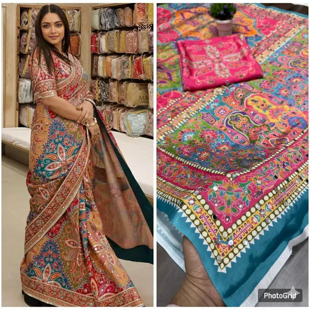 New Beautiful Chinon Silk Mirror Work Saree