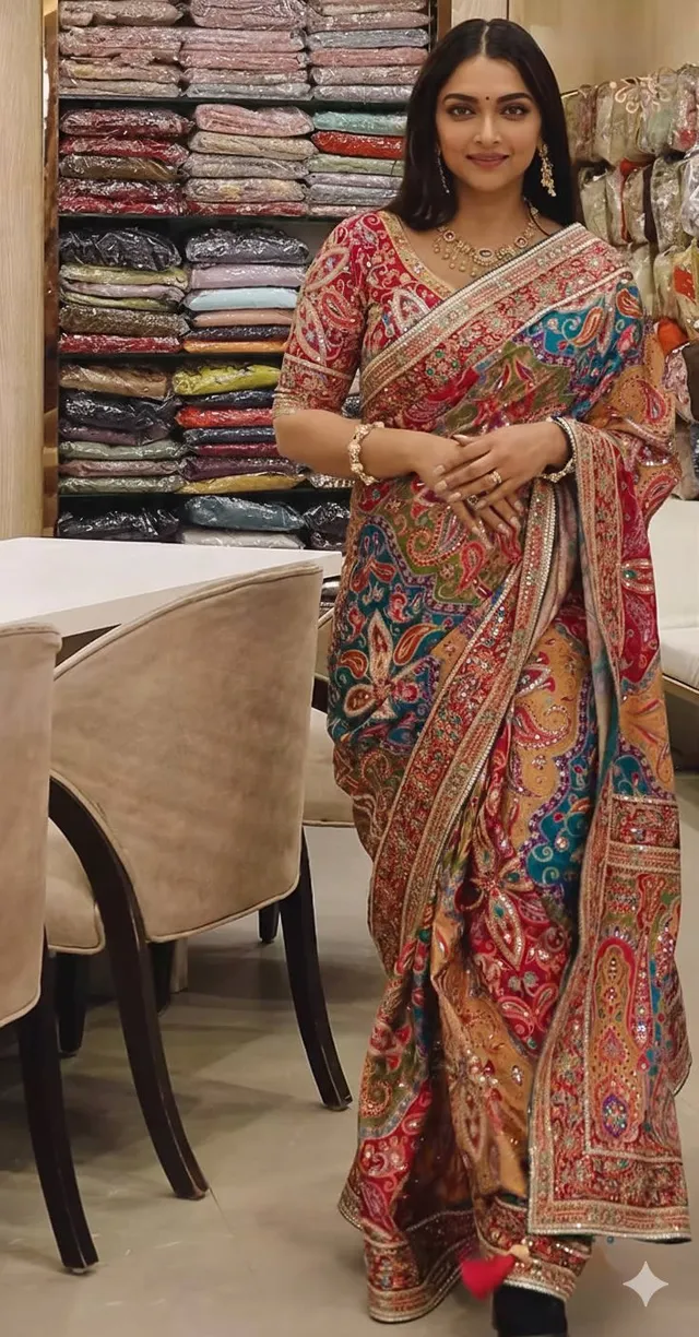 New Beautiful Chinon Silk Mirror Work Saree - Second View
