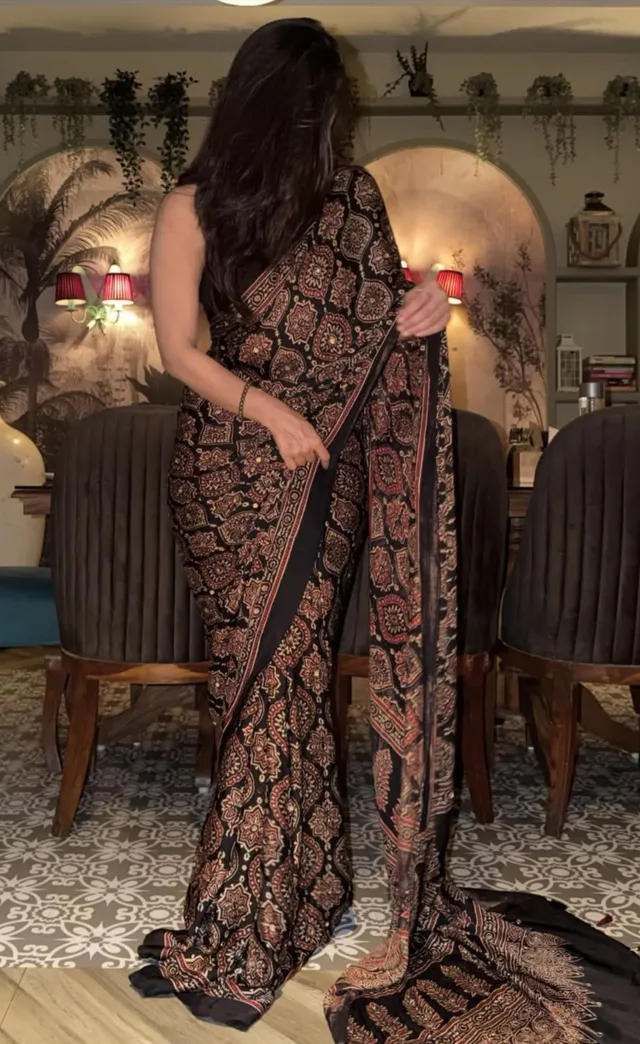 New Designer Ajrak Silk Saree – Mirror Handwork Collection