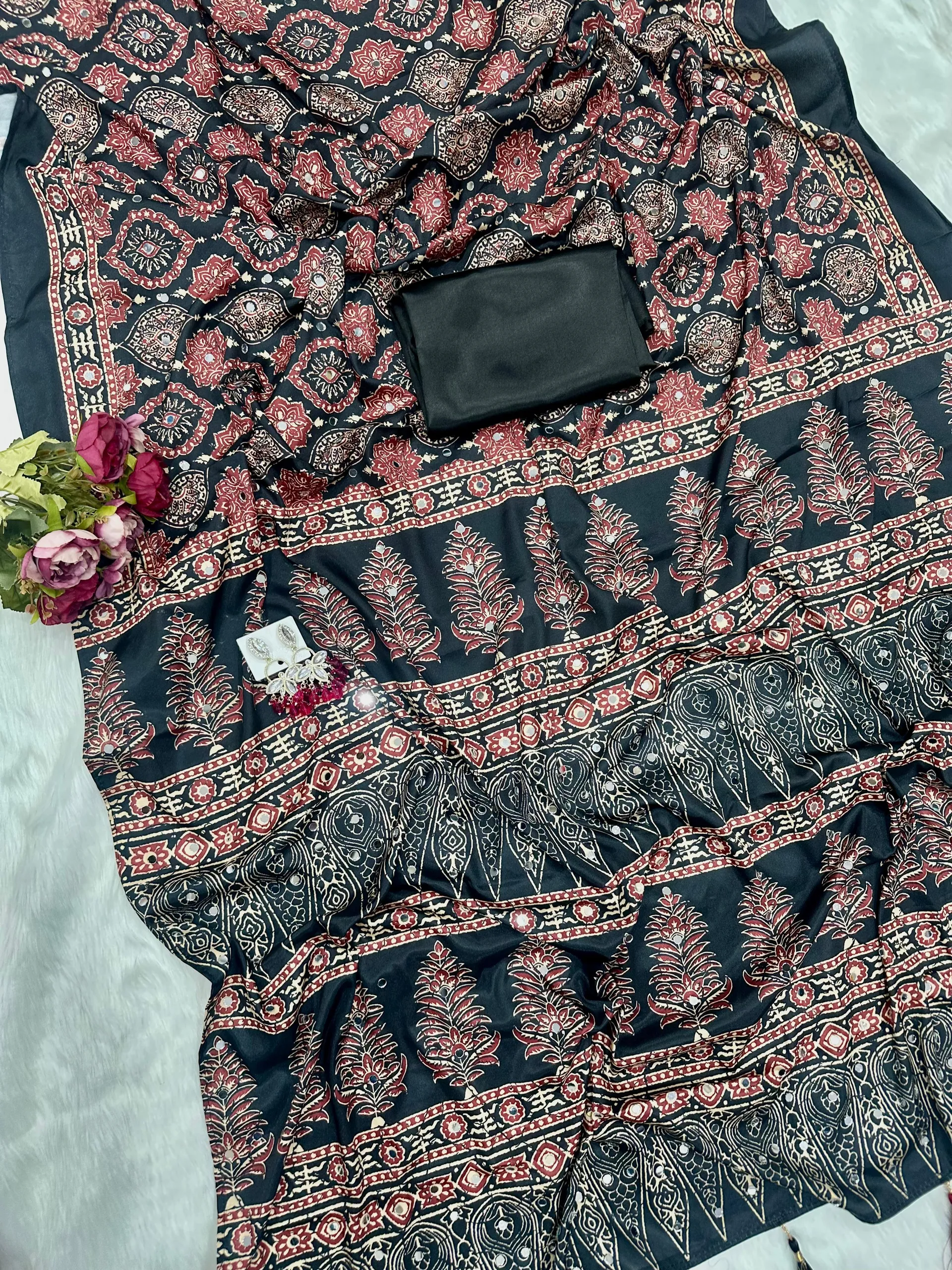 New Designer Ajrak Silk Saree – Mirror Handwork Collection - View 3