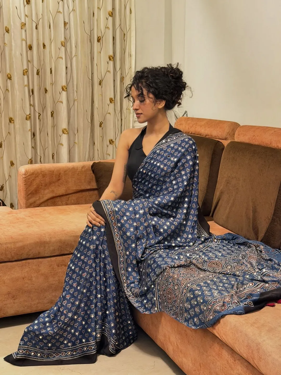 New Designer Ajrak Silk Saree – Mirror Handwork Collection