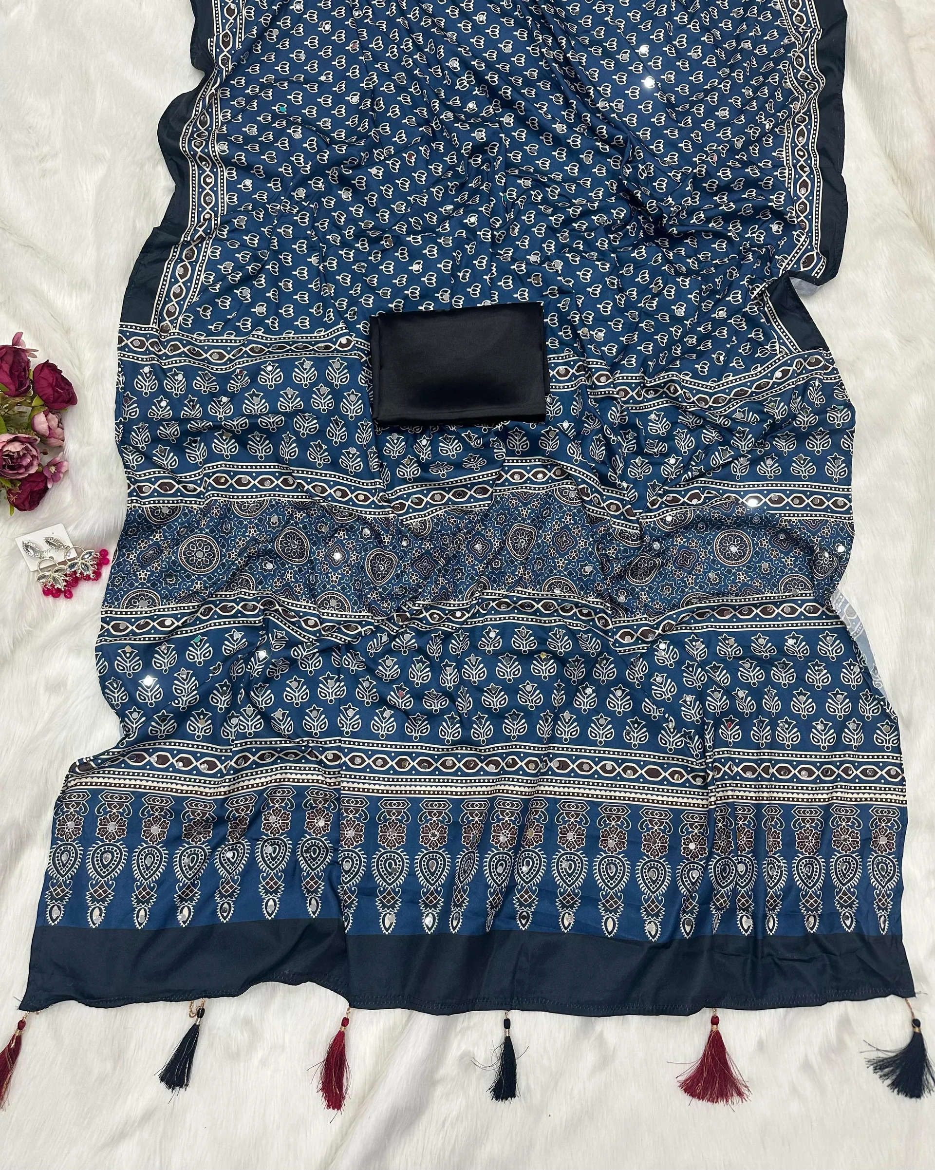 New Designer Ajrak Silk Saree – Mirror Handwork Collection - View 4