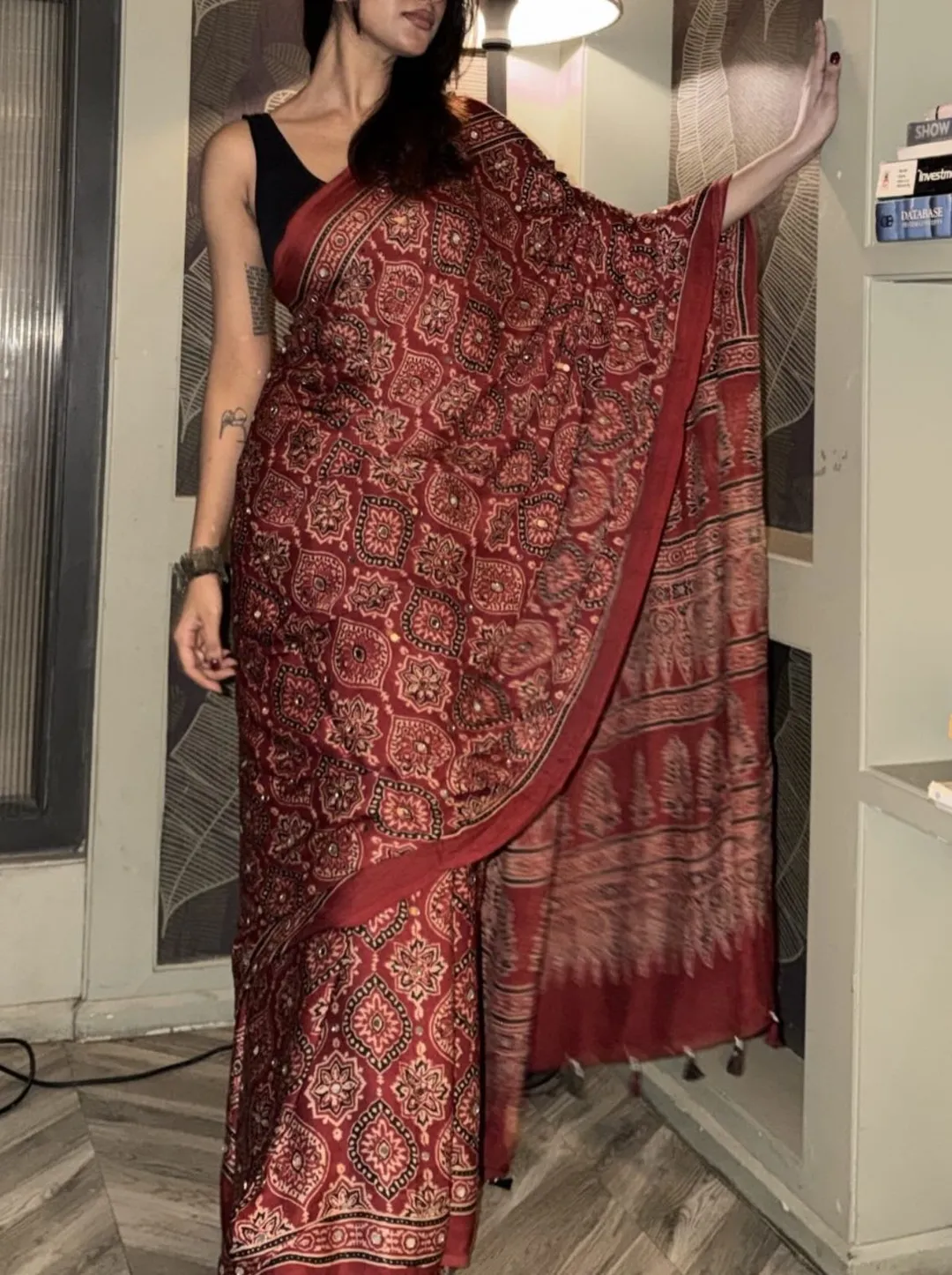 New Designer Ajrak Silk Saree – Mirror Handwork Collection