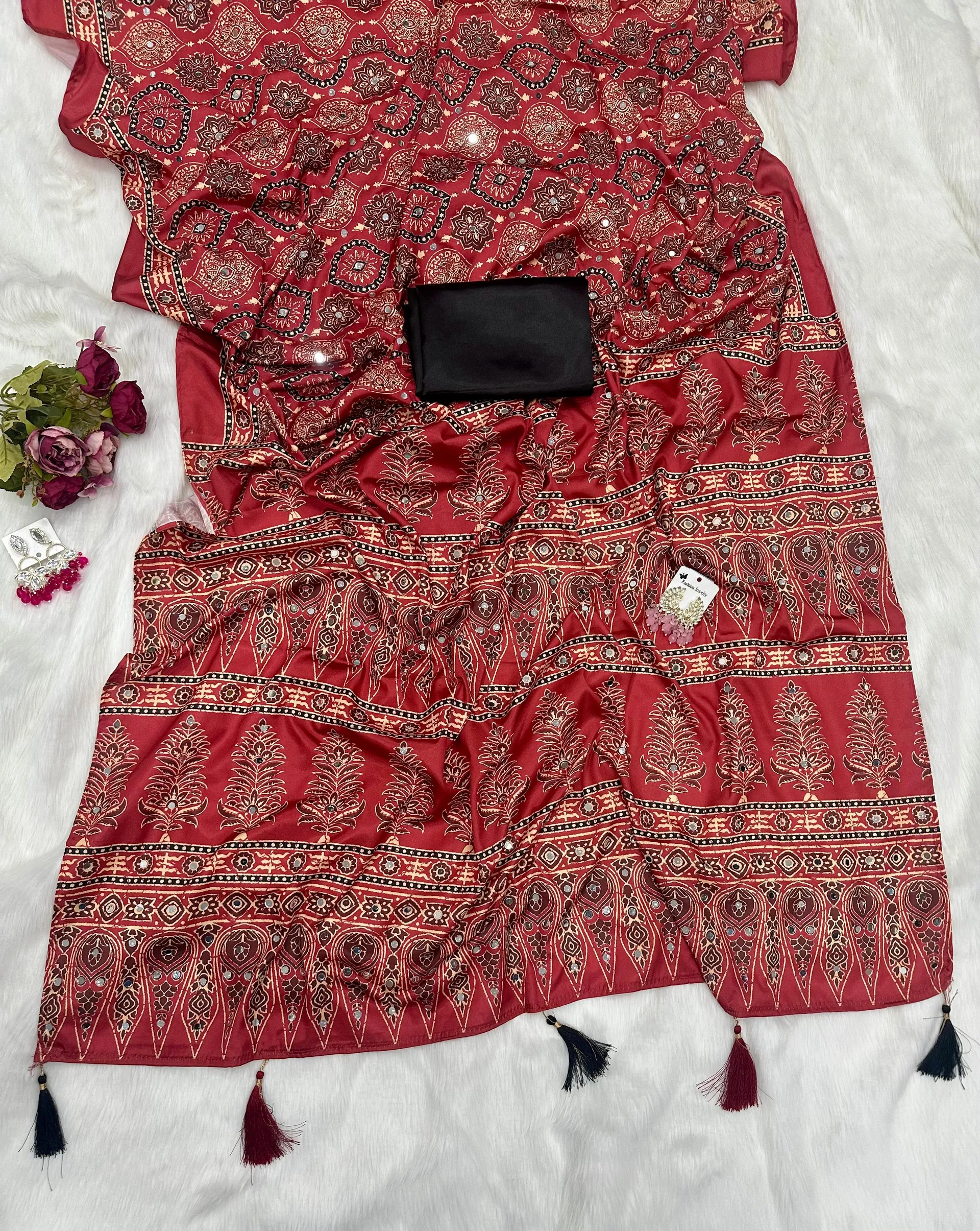 New Designer Ajrak Silk Saree – Mirror Handwork Collection - View 2