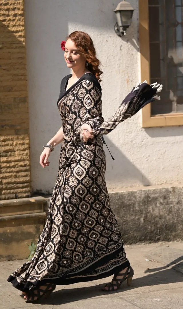 New Designer Ajrak Silk Saree – Mirror Handwork Collection