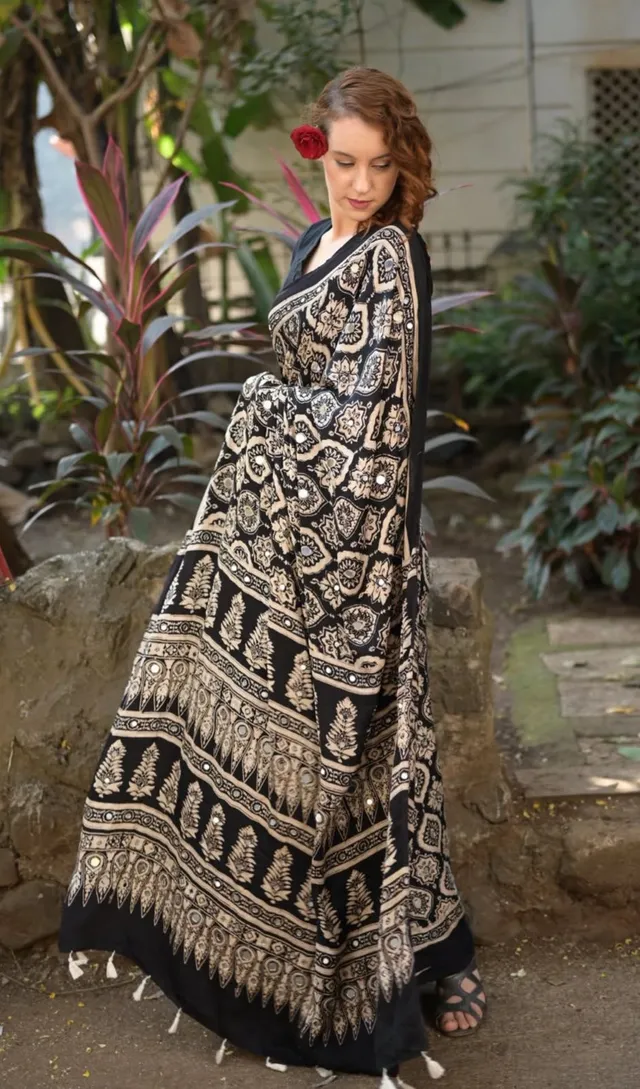 New Designer Ajrak Silk Saree – Mirror Handwork Collection - Second View