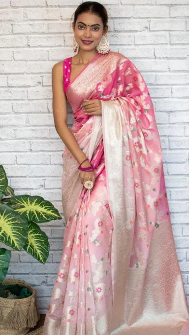 Pure Banarasi Semi Georgette Silk Saree – Mina Jaal Collection - Banarasi Soft Semi Georgette Silk Saree Online India - Buy at ₹1899 - Image 1