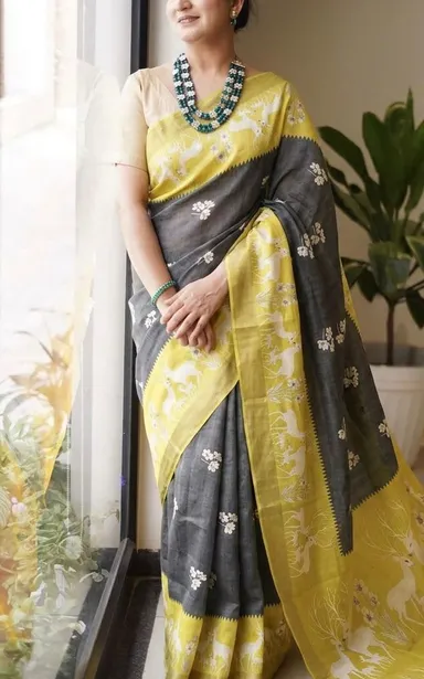Kerala Gold Tissue Saree with Kalamkari Prints - Kerala Gold Tissue Saree Online India - Buy at ₹1099 - Image 1