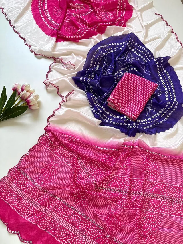 Designer Chinon Saree with Bandhej Print & Mirror Work - View 2