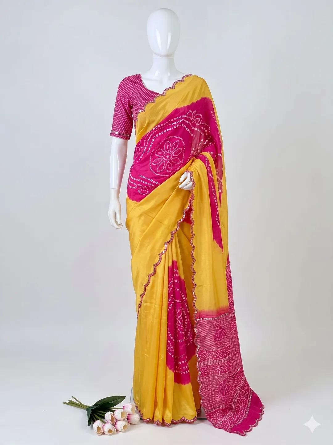 Designer Chinon Saree with Bandhej Print & Mirror Work