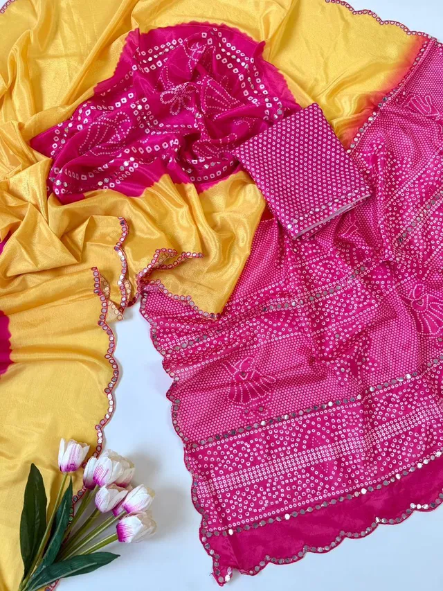 Designer Chinon Saree with Bandhej Print & Mirror Work - View 2