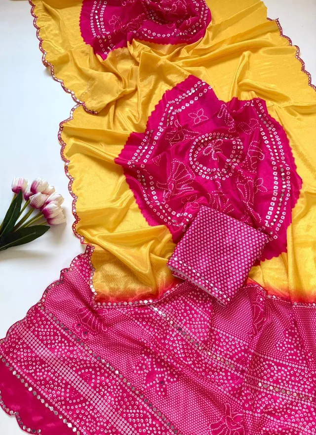 Designer Chinon Saree with Bandhej Print & Mirror Work - View 3