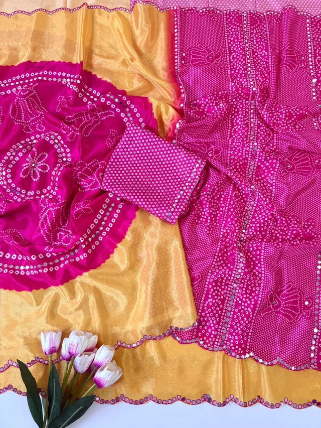 Designer Chinon Saree with Bandhej Print & Mirror Work - View 4