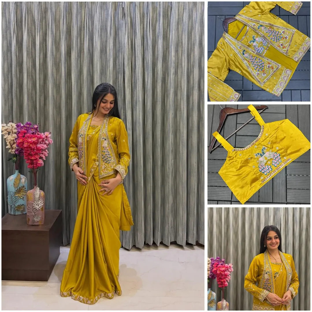 New Super Trending Party Jacket Saree (Ready-to-Wear) - Heavy Crepe Satin Saree Online India - Buy at ₹1900 - Image 1