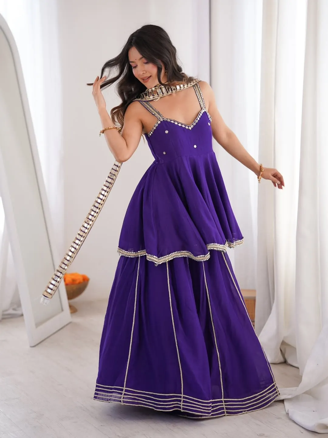 Chinon Mirror Work Palazzo Set with Stylish Belt & Gota Patti Work - Soft Chinon Saree Online India - Buy at ₹1899 - Image 1