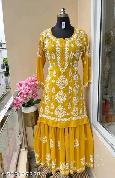 Designer Cotton Silk Kurti with Sharara Set - View 2