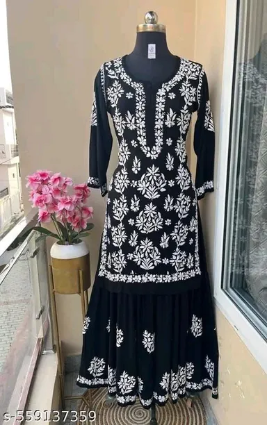 Designer Cotton Silk Kurti with Sharara Set - View 2