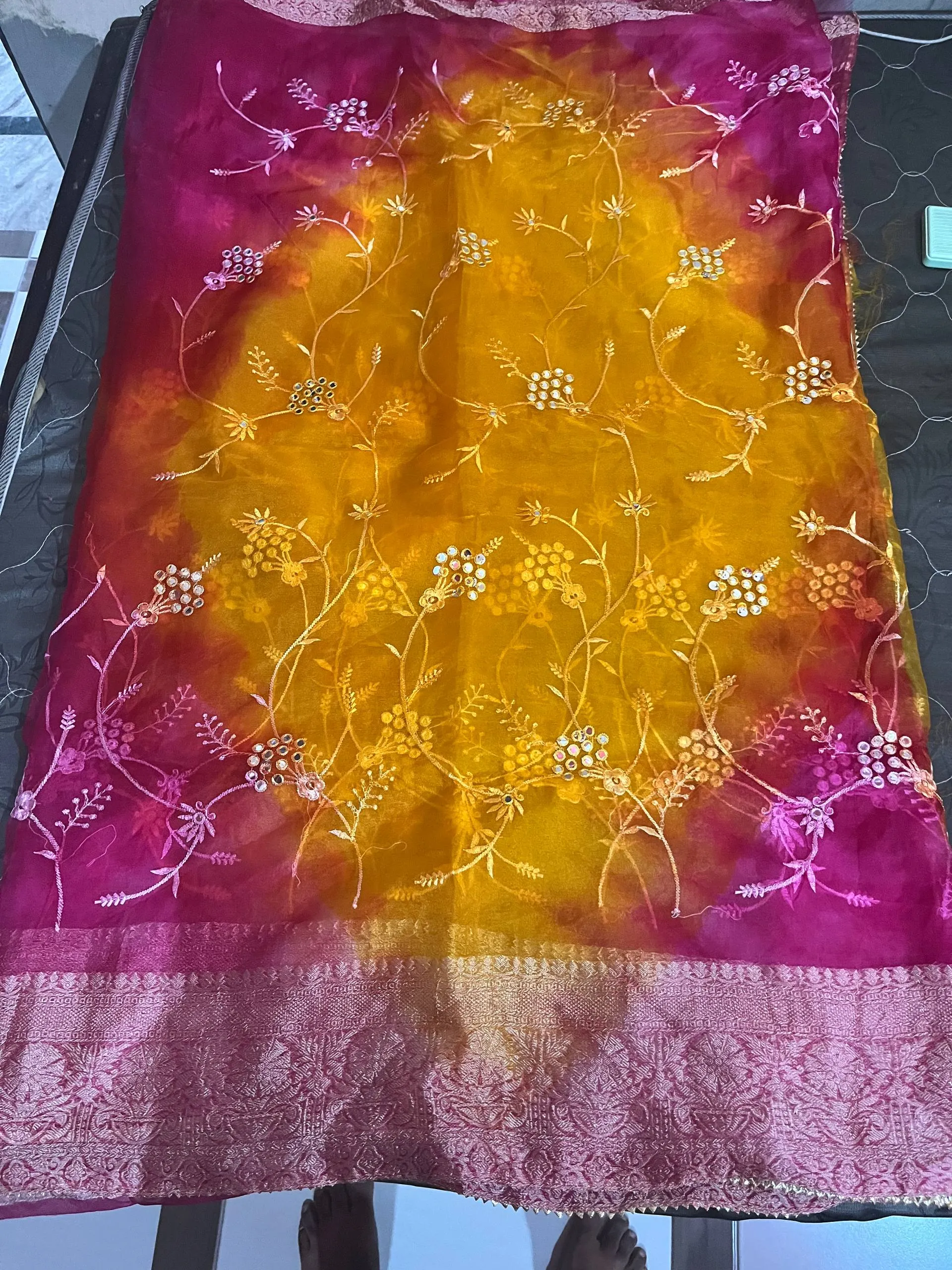 Vibrant Ombre Organza Saree with Floral Embroidery - View 2