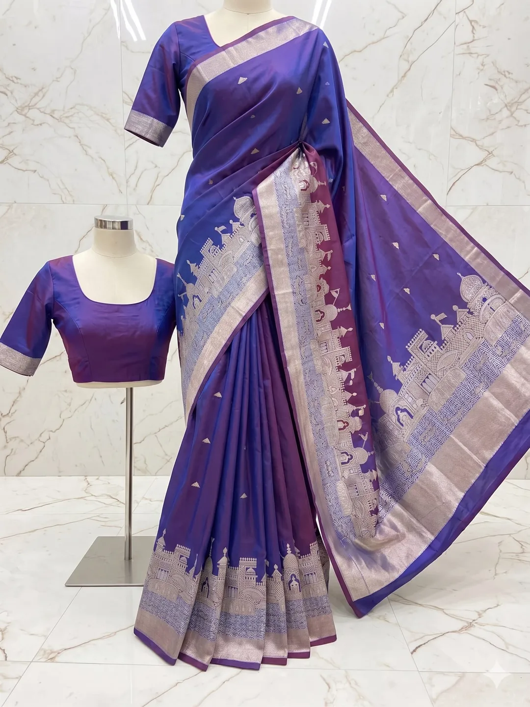 Graceful Banarasi Ganga Ghat Katan Soft Silk Saree
