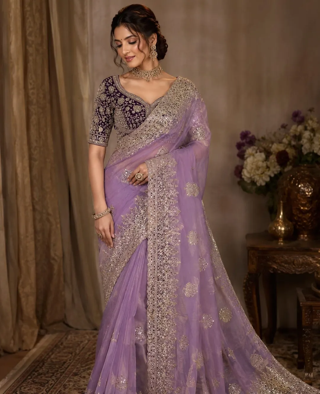 Designer Frendy Satin Saree – Stylish & Trendy with Stitched Blouse - Soft Fendy Satin Saree Online India - Buy at ₹2250 - Image 1