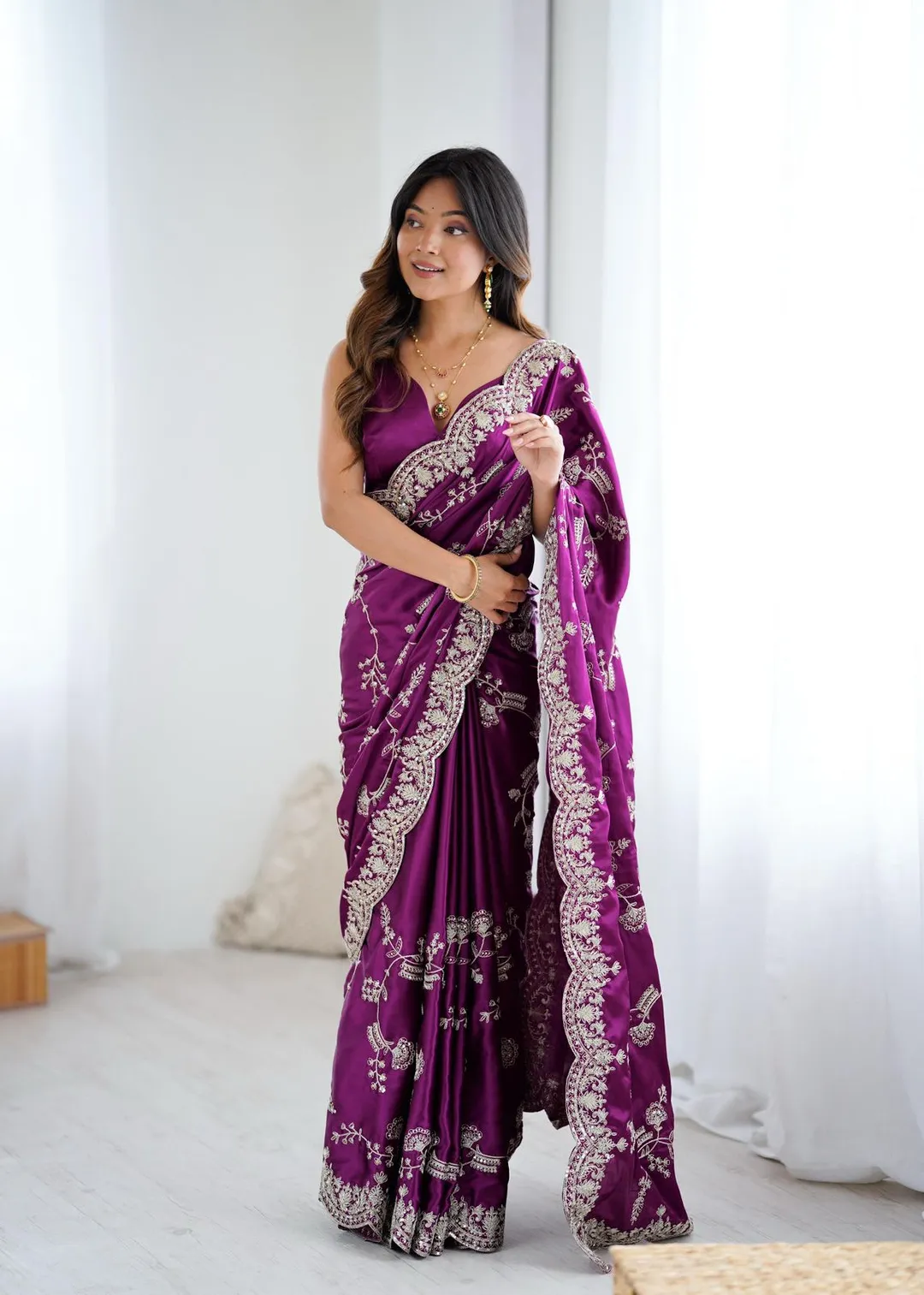 New Launch – Designer Japan Satin Silk Saree - Heavy Japan Satin Silk Saree Online India - Buy at ₹1750 - Image 1