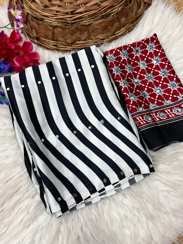 Elegant Ajrakh Japan Satin Saree with Mirror Work - View 2