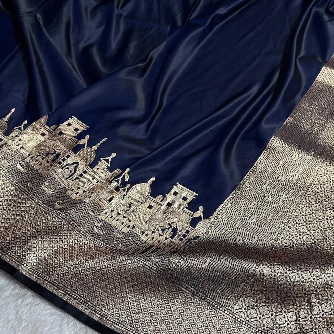 Banarasi Soft Luxury Kataan Mashru Silk Saree with Ganga Ghat Zari Border & Rich Pallu - View 2