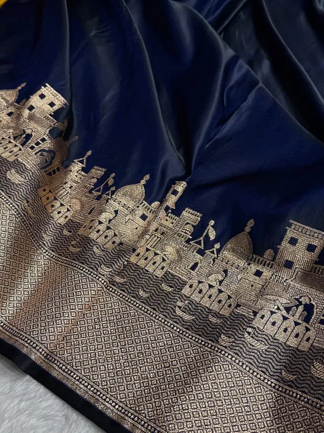 Banarasi Soft Luxury Kataan Mashru Silk Saree with Ganga Ghat Zari Border & Rich Pallu - View 3