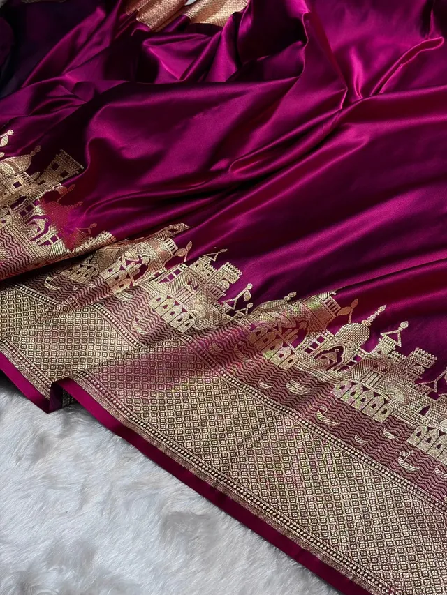 Banarasi Soft Luxury Kataan Mashru Silk Saree with Ganga Ghat Zari Border & Rich Pallu - Banarasi Soft Luxury Kataan Mashru Silk Saree Online India - Buy at ₹3299 - Image 1