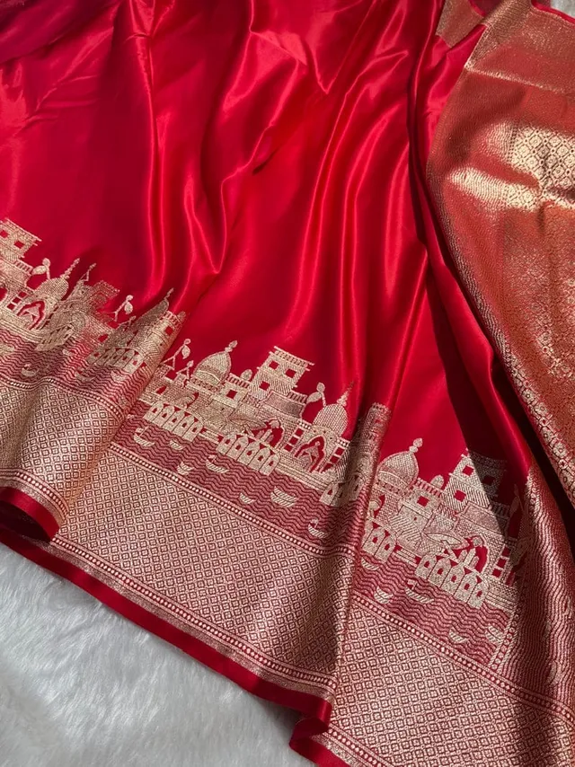 Banarasi Soft Luxury Kataan Mashru Silk Saree with Ganga Ghat Zari Border & Rich Pallu - Banarasi Soft Luxury Kataan Mashru Silk Saree Online India - Buy at ₹3299 - Image 1