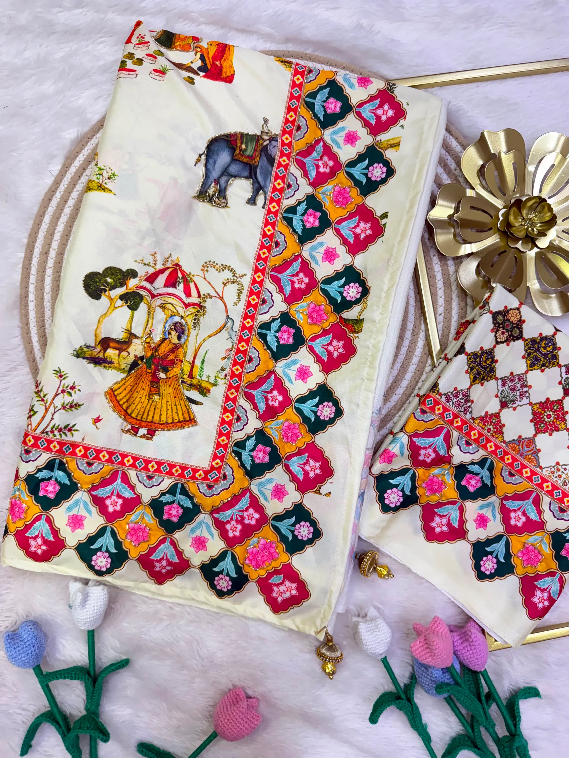 Premium Designer Crepe Satin Saree with Pichwai Print & Katdana Handwork