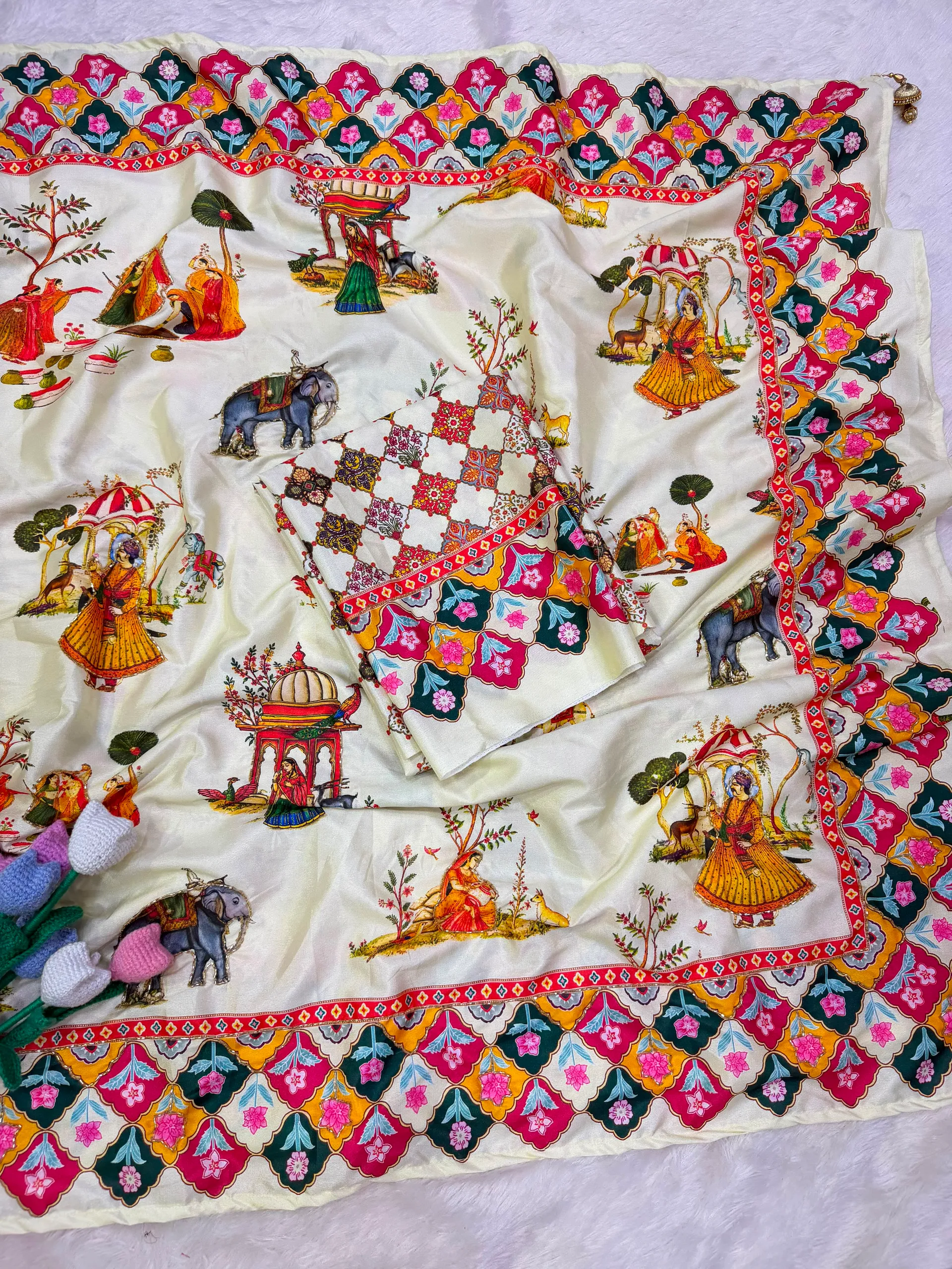Premium Designer Crepe Satin Saree with Pichwai Print & Katdana Handwork - View 2