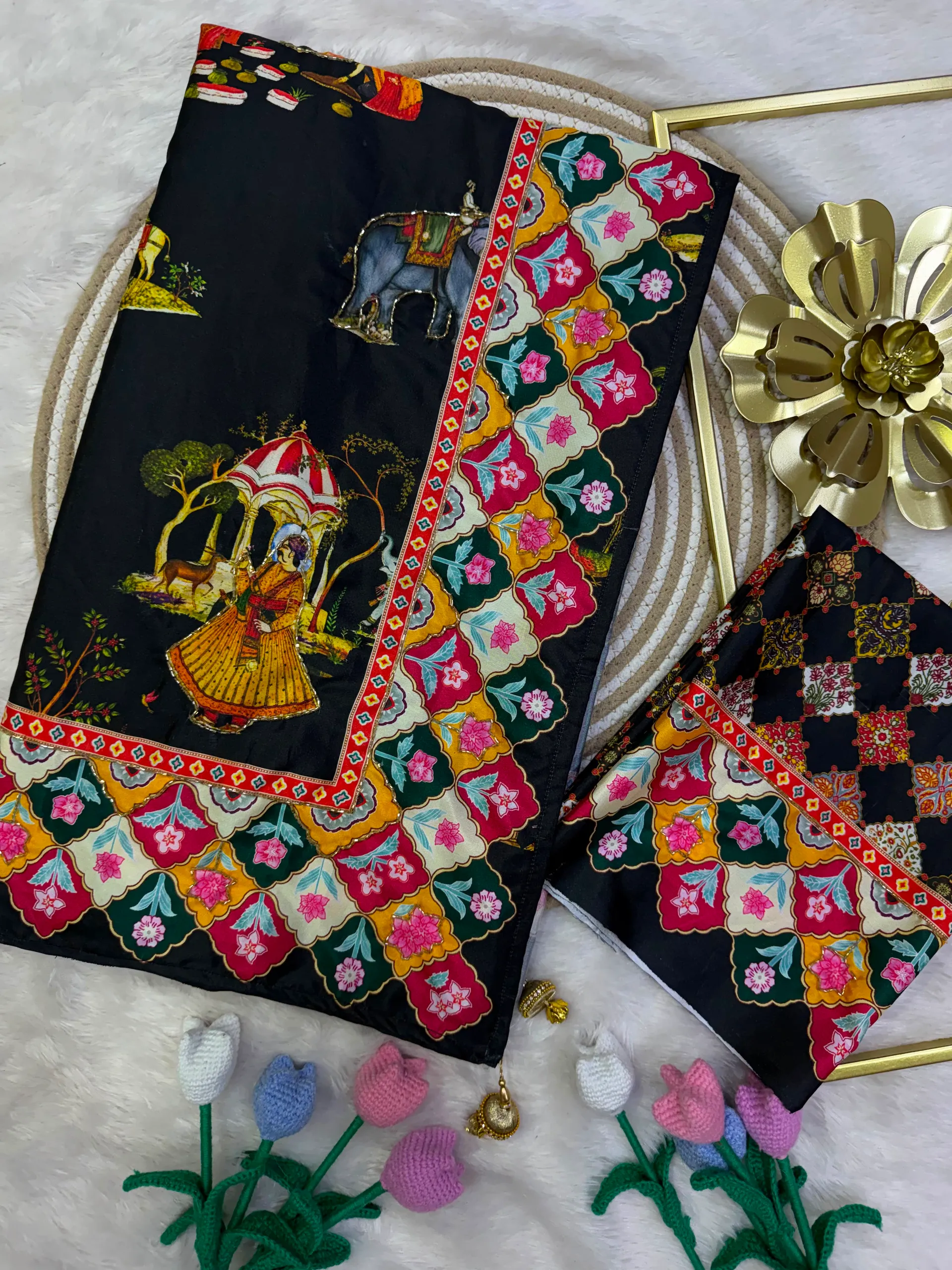 Premium Designer Crepe Satin Saree with Pichwai Print & Katdana Handwork