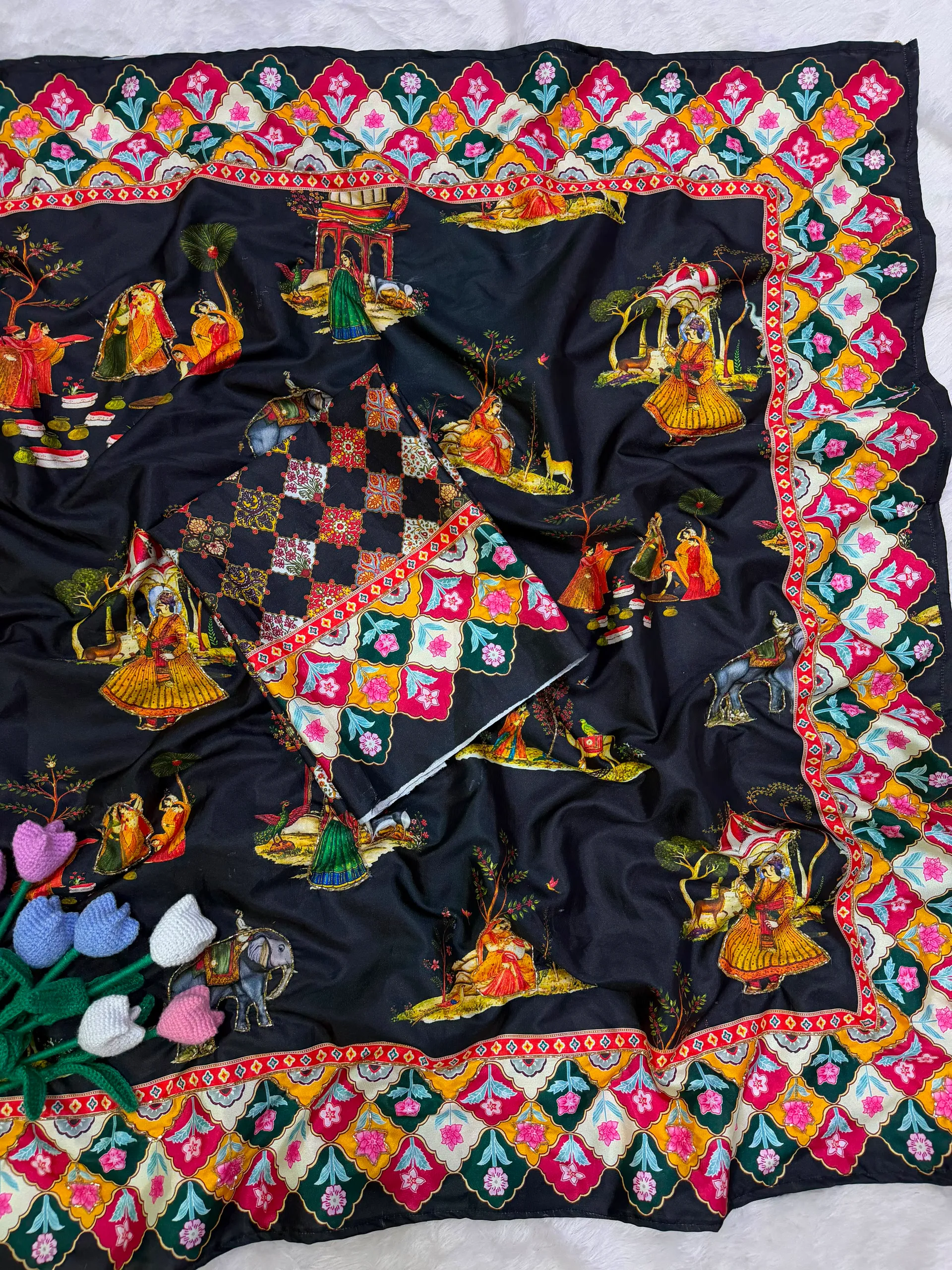 Premium Designer Crepe Satin Saree with Pichwai Print & Katdana Handwork - View 2