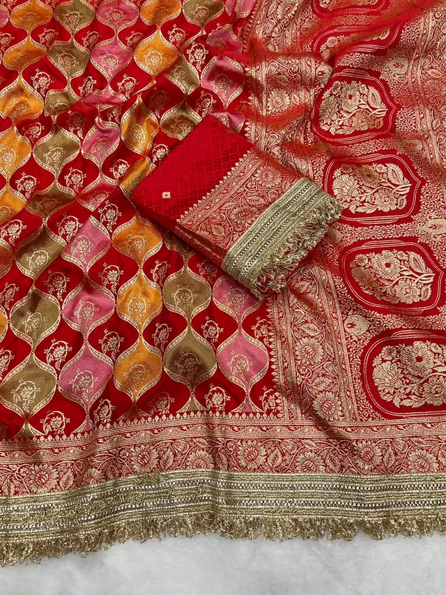 Premium Rangkat Satin Silk Saree with Banarasi Zari Weaving & Jaipuri Border - Banarasi Heavy Satin Silk Saree Online India - Buy at ₹2599 - Image 1