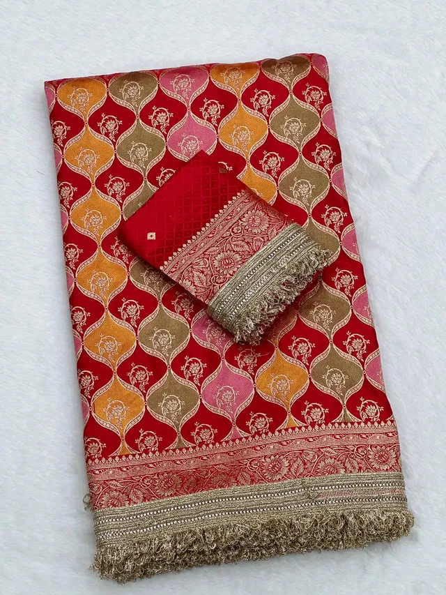 Premium Rangkat Satin Silk Saree with Banarasi Zari Weaving & Jaipuri Border - View 3