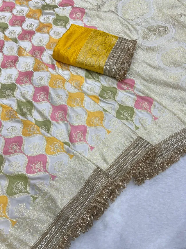Premium Rangkat Satin Silk Saree with Banarasi Zari Weaving & Jaipuri Border - Banarasi Heavy Satin Silk Saree Online India - Buy at ₹2599 - Image 1