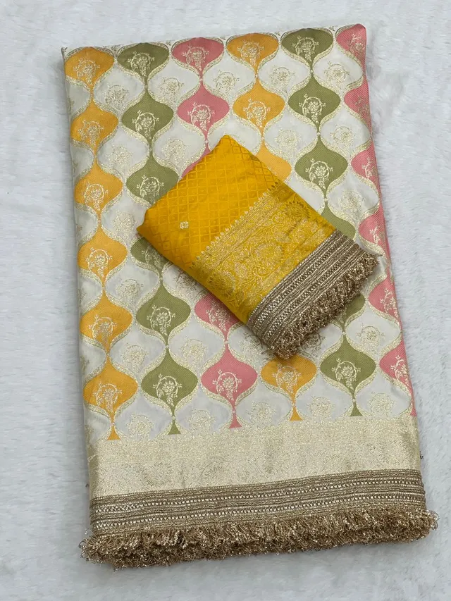 Premium Rangkat Satin Silk Saree with Banarasi Zari Weaving & Jaipuri Border - View 5