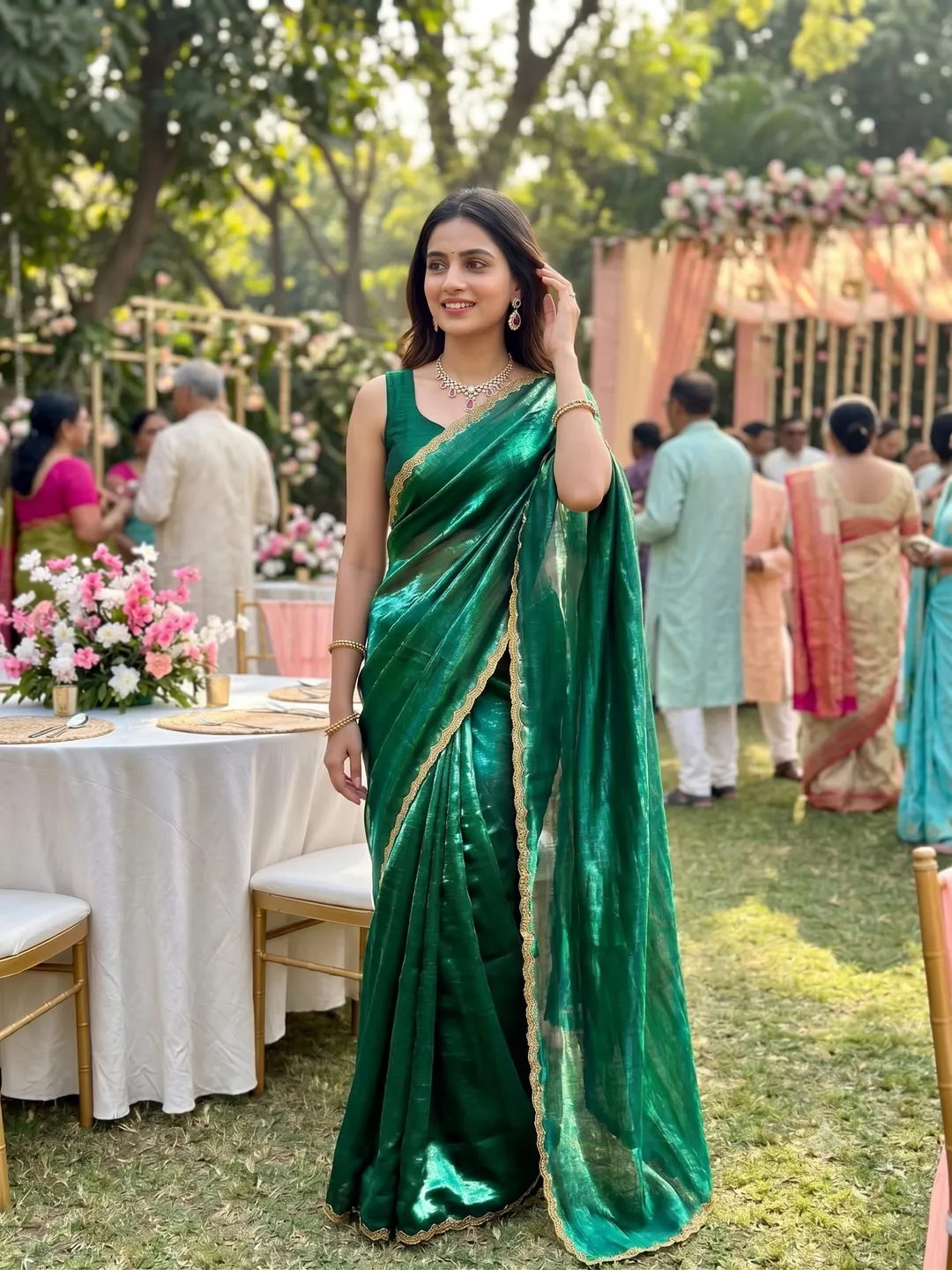 Bollywood Trending Satin Chiffon Saree with Elegant Lace Border