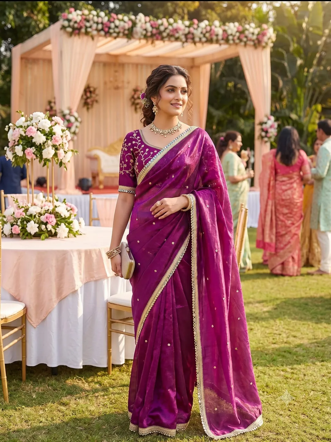 Bollywood Trending Fandy Satin Saree with Sequins Butti & Mirror Lace Border - Premium Fandy Satin Saree Online India - Buy at ₹1400 - Image 1