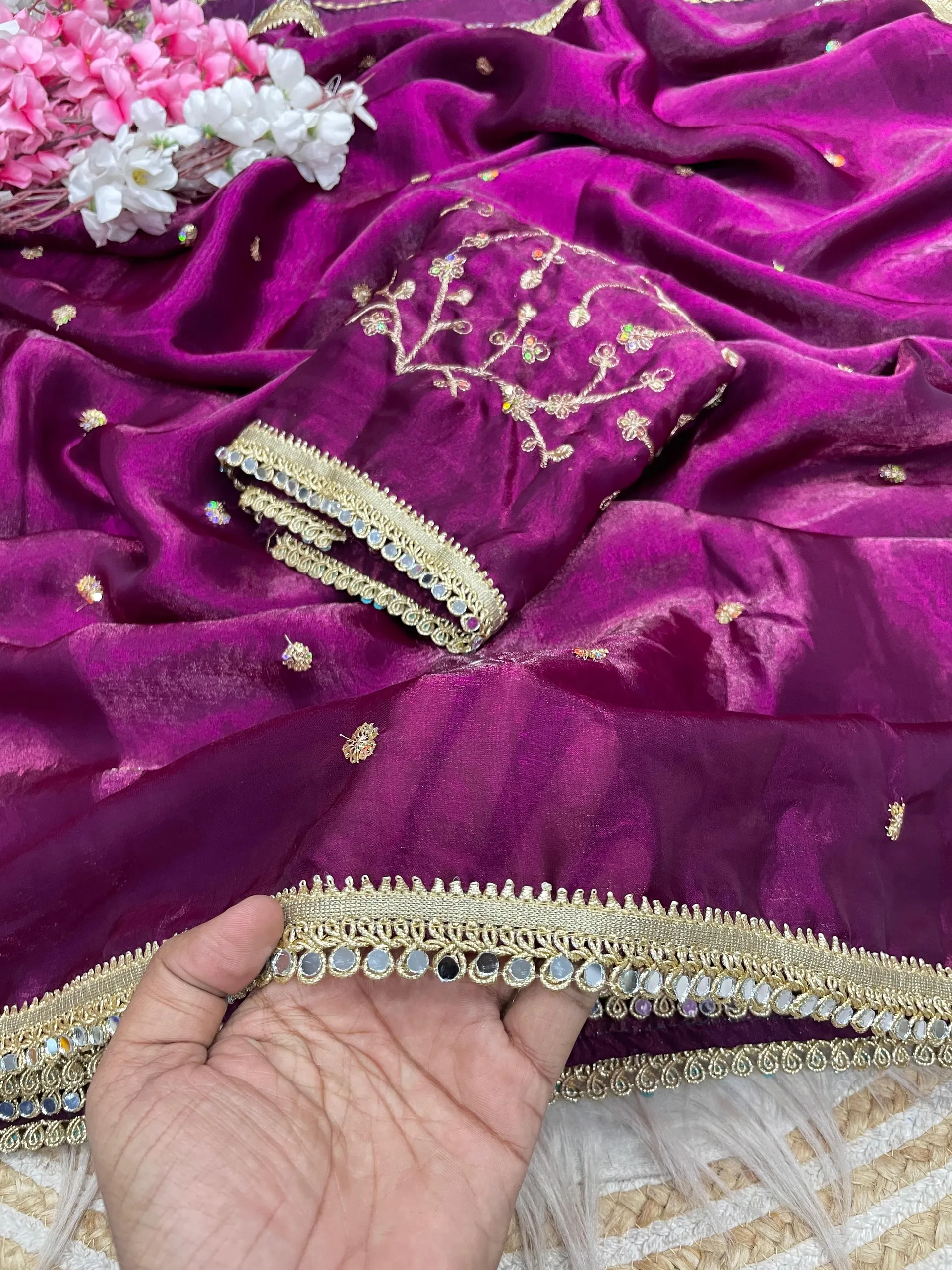 Bollywood Trending Fandy Satin Saree with Sequins Butti & Mirror Lace Border - View 3