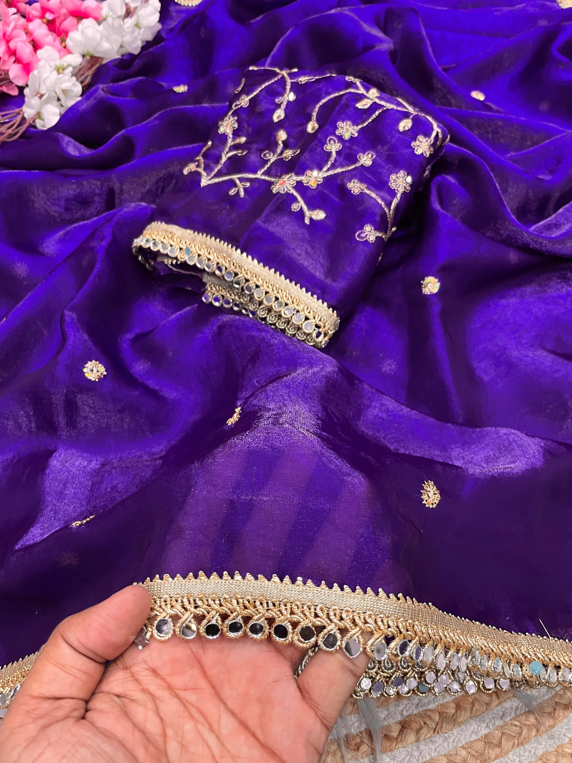 Bollywood Trending Fandy Satin Saree with Sequins Butti & Mirror Lace Border - View 3
