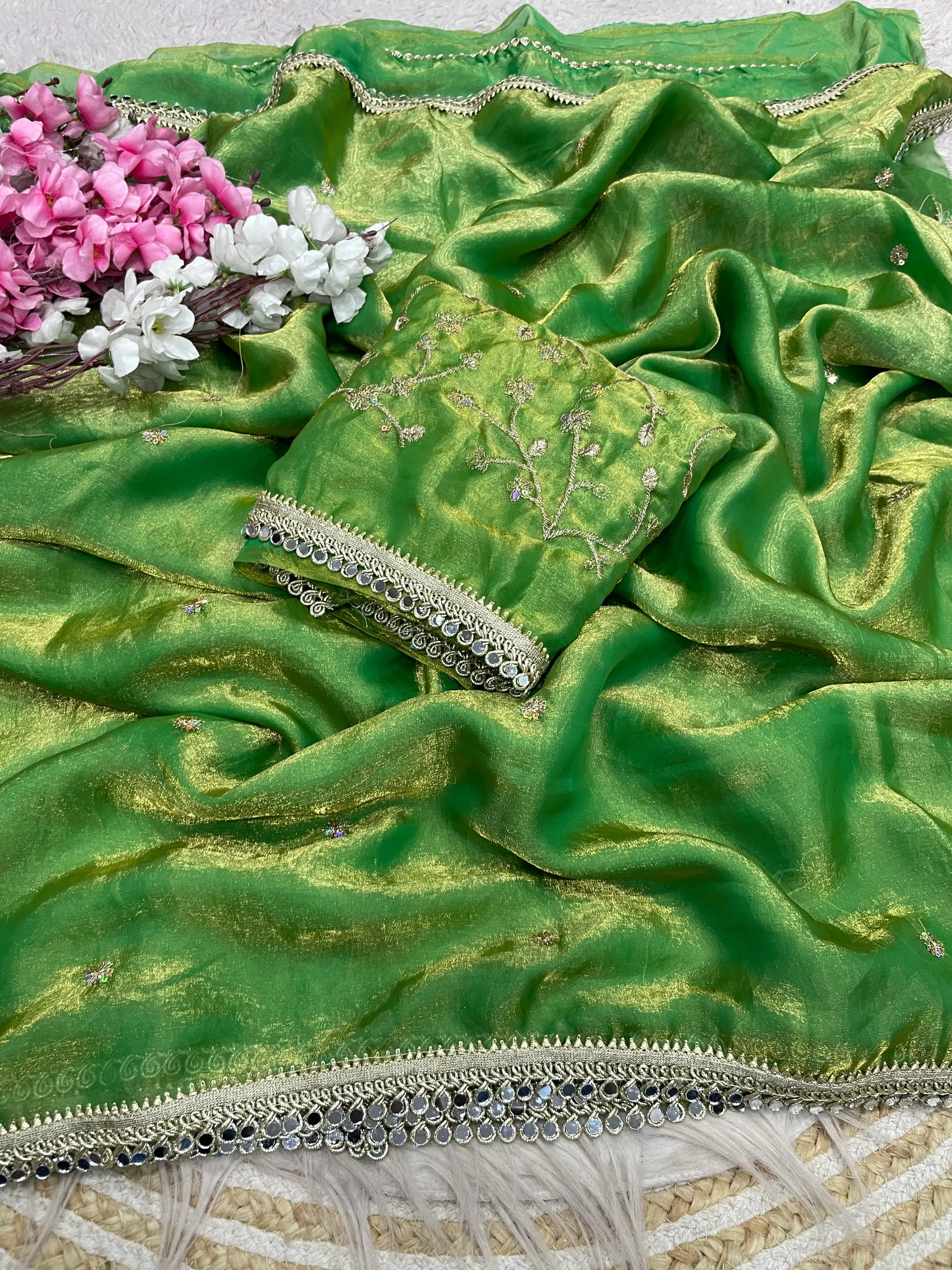 Bollywood Trending Fandy Satin Saree with Sequins Butti & Mirror Lace Border - View 2