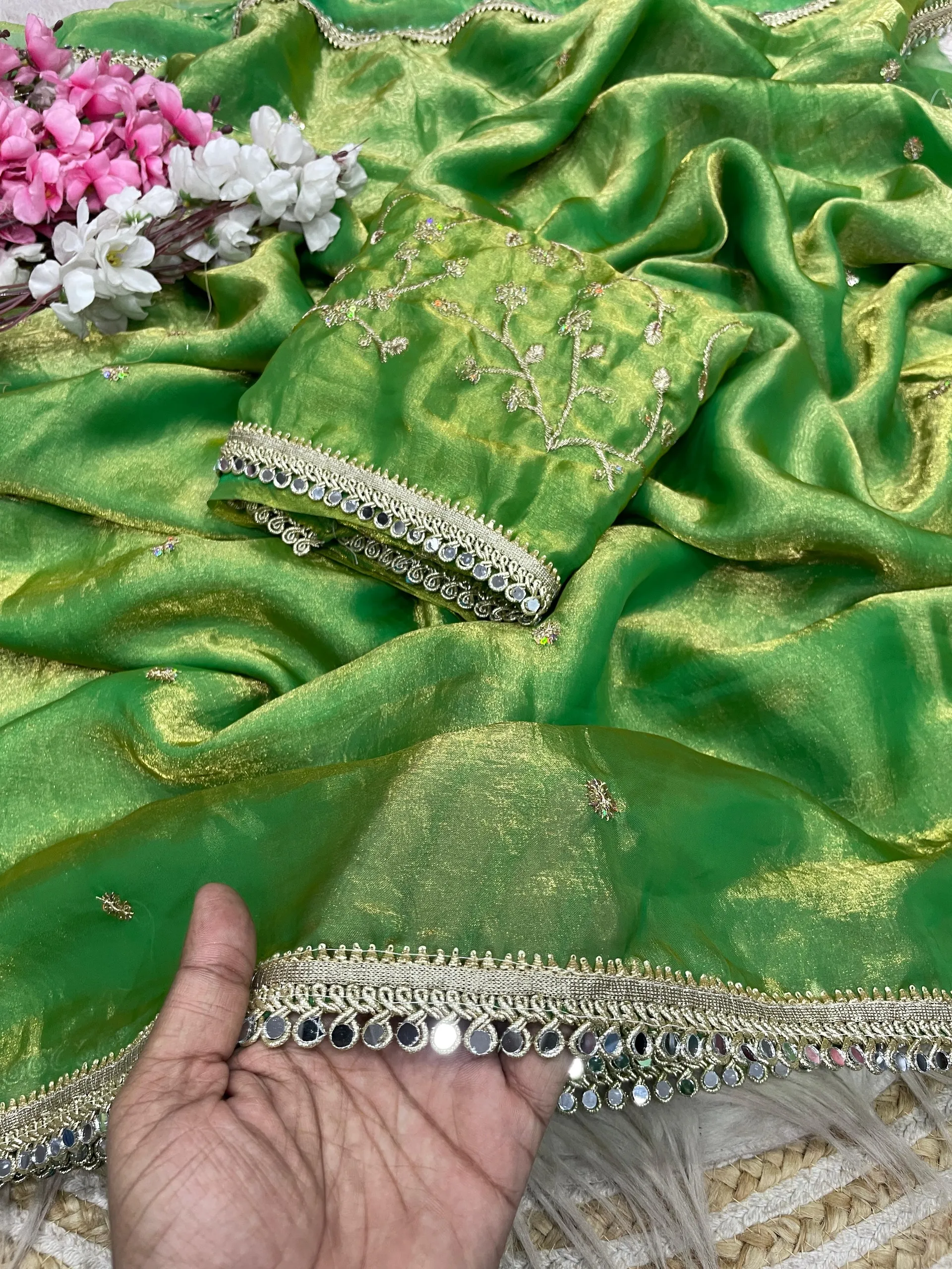 Bollywood Trending Fandy Satin Saree with Sequins Butti & Mirror Lace Border - View 3