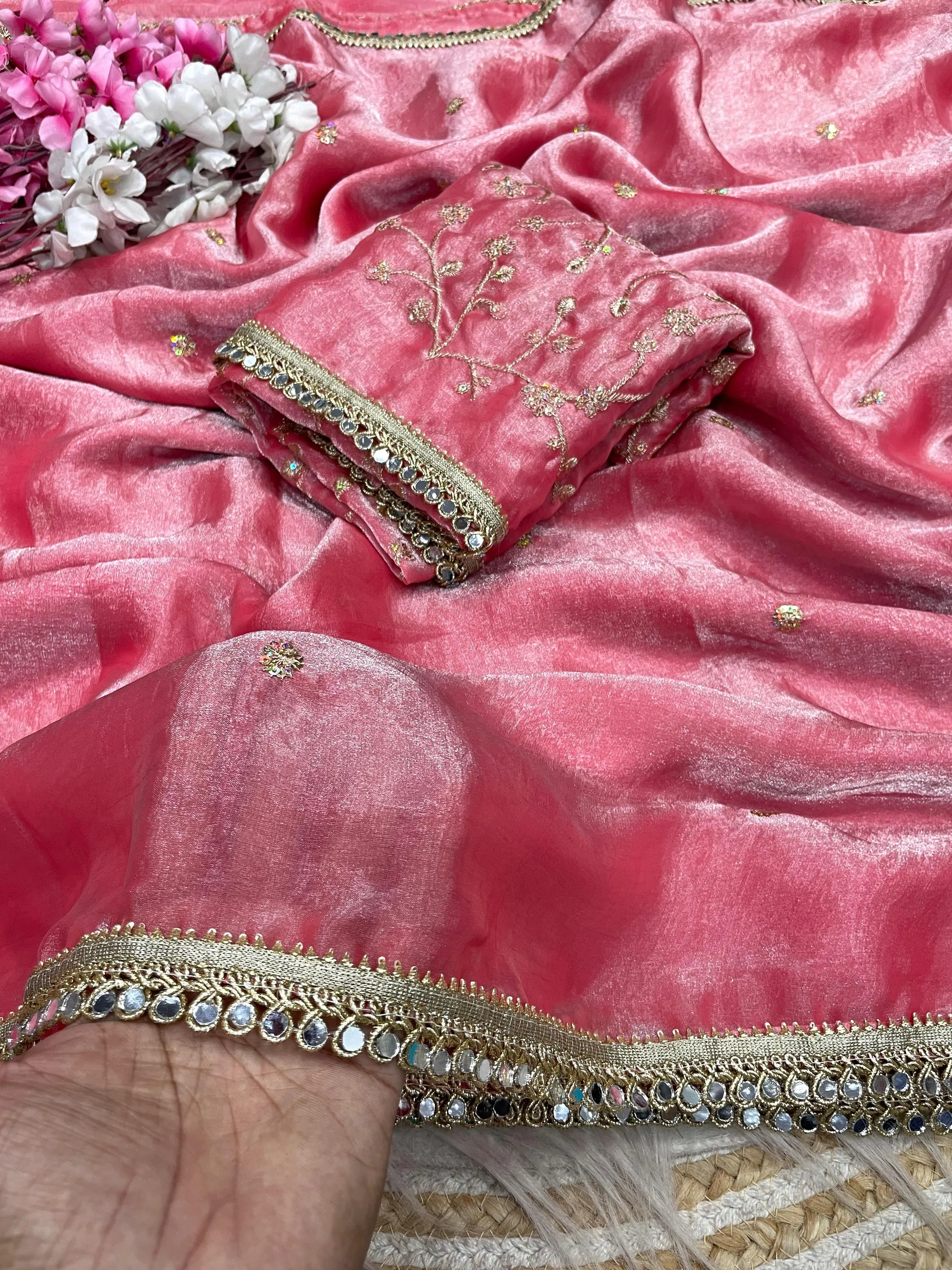 Bollywood Trending Fandy Satin Saree with Sequins Butti & Mirror Lace Border - Premium Fandy Satin Saree Online India - Buy at ₹1400 - Image 1