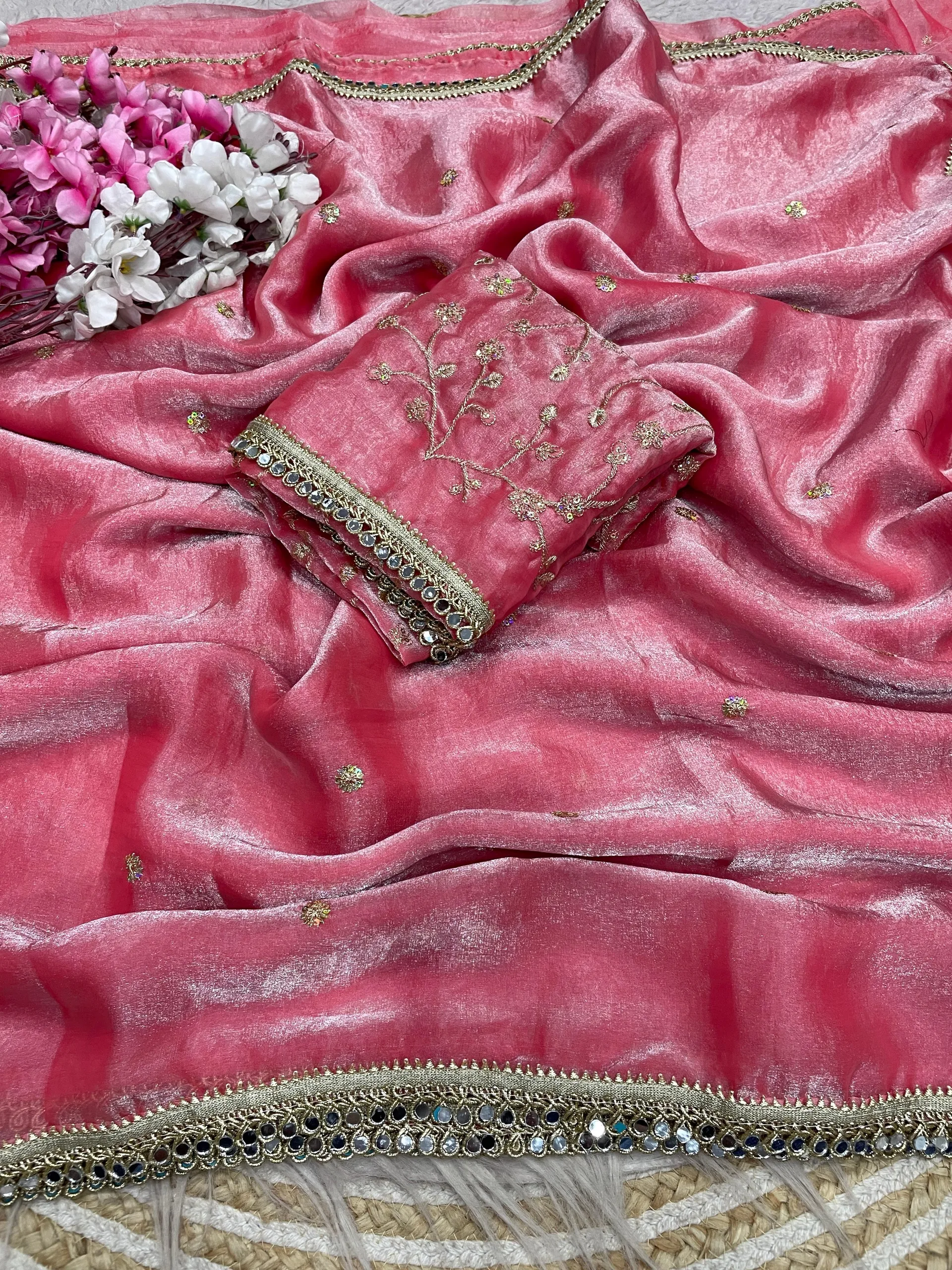 Bollywood Trending Fandy Satin Saree with Sequins Butti & Mirror Lace Border - View 2