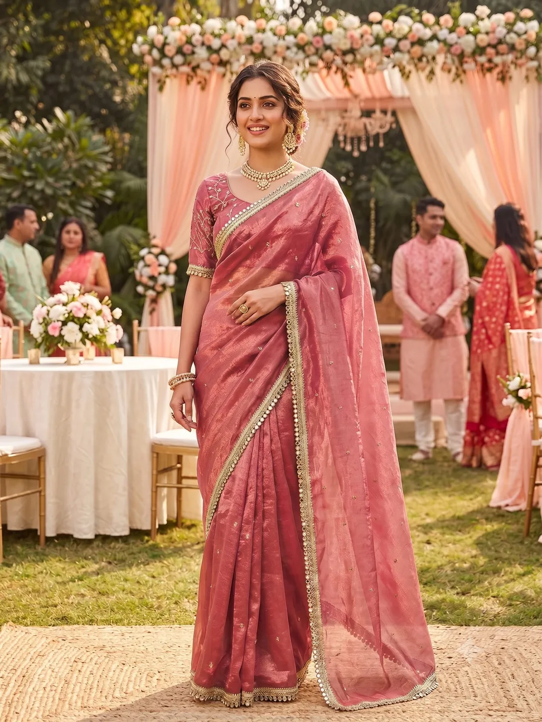 Bollywood Trending Fandy Satin Saree with Sequins Butti & Mirror Lace Border - View 3