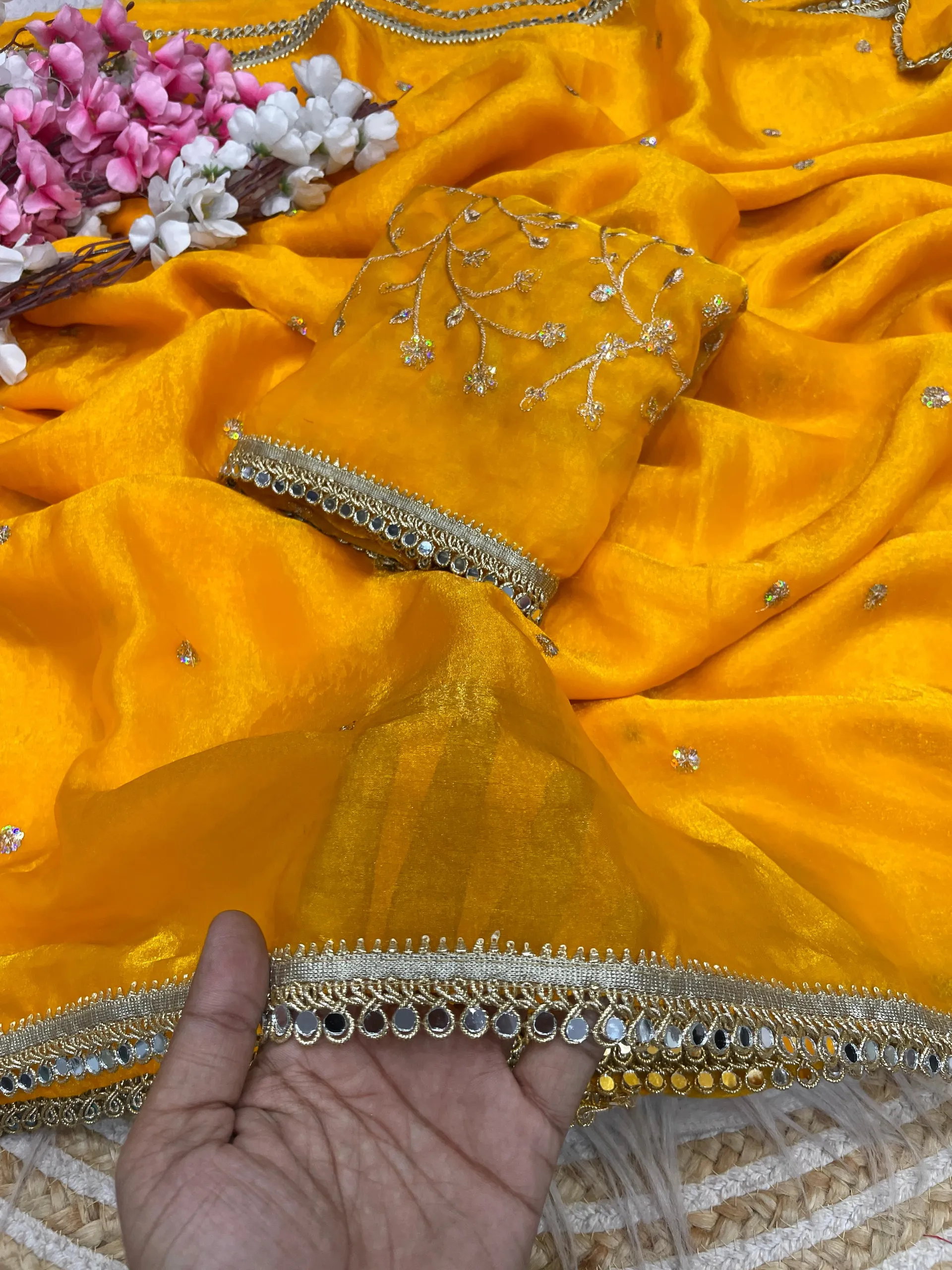 Bollywood Trending Fandy Satin Saree with Sequins Butti & Mirror Lace Border - Fandy Satin Saree Online India - Buy at ₹1400 - Image 1